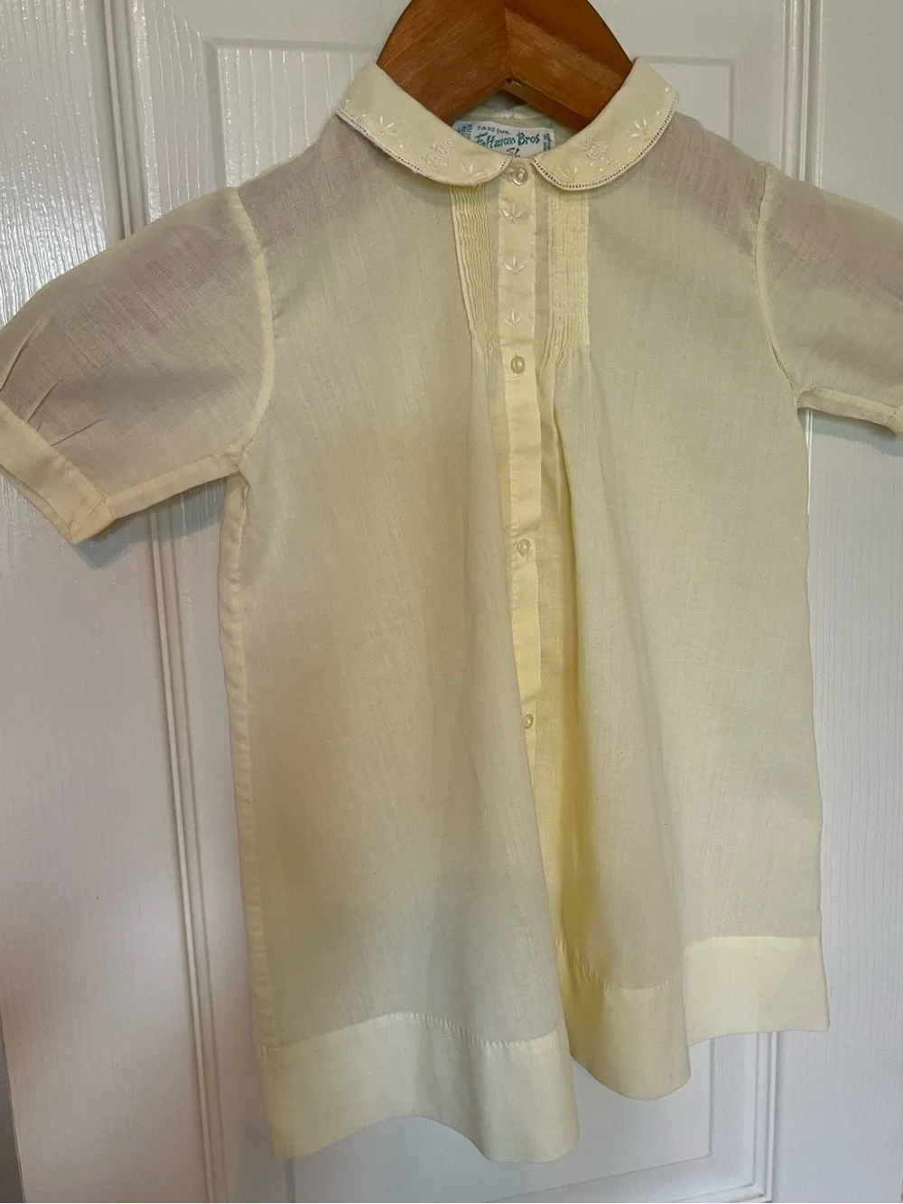 Vintage Pale Butter Yellow with  Embroidered Collar Kids Dress by Feltman Bros